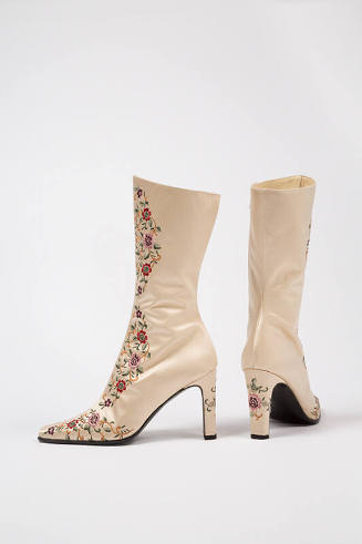 Off-white satin mid-calf high heel boots with floral embroidery
