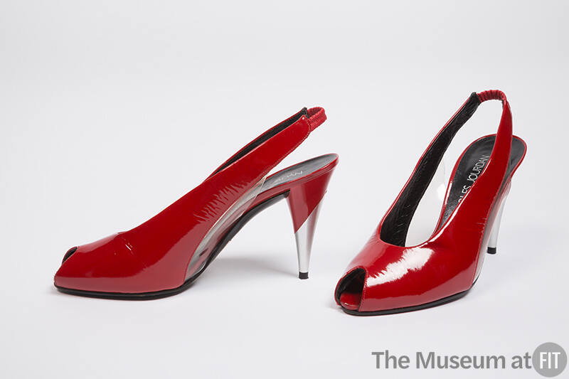 Red patent leather opentoe sling back high heel shoes