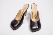 Black leather high heel mule shoes with toe shaped front