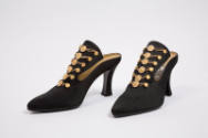 Black evening high heel mules with extended pointed toe in rhinestones and gold metal embossed …