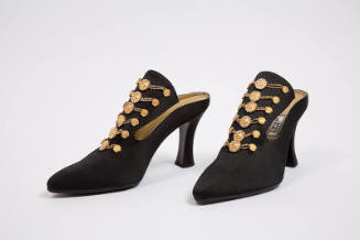 Black evening high heel mules with extended pointed toe in rhinestones and gold metal embossed …
