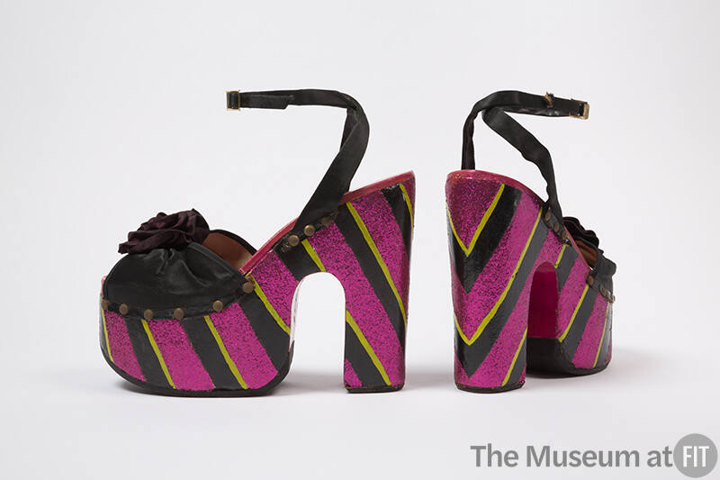 Black satin ankle strap sandals with hand painted metallic purple, black and green striped plat…
