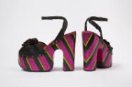 Black satin ankle strap sandals with hand painted metallic purple, black and green striped plat…