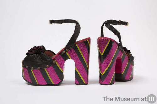 Black satin ankle strap sandals with hand painted metallic purple, black and green striped plat…
