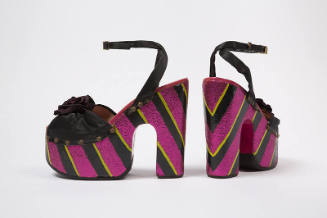 Black satin ankle strap sandals with hand painted metallic purple, black and green striped plat…