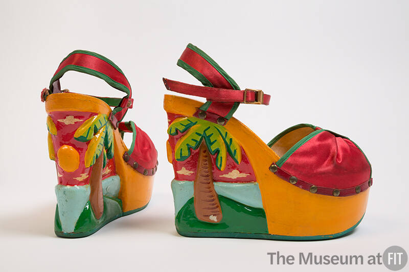Red satin ankle strap wedge open toe sandals with hand painted palm tree design on high platfor…