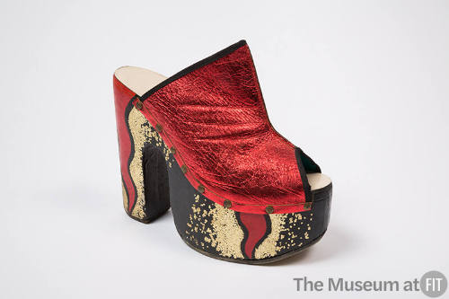 Red metallic leather open toe sandal with hand painted red, black and metallic gold flame platf…