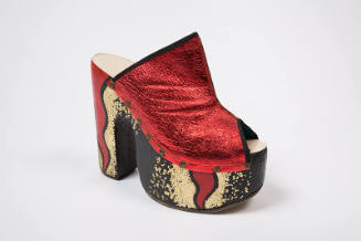 Red metallic leather open toe sandal with hand painted red, black and metallic gold flame platf…