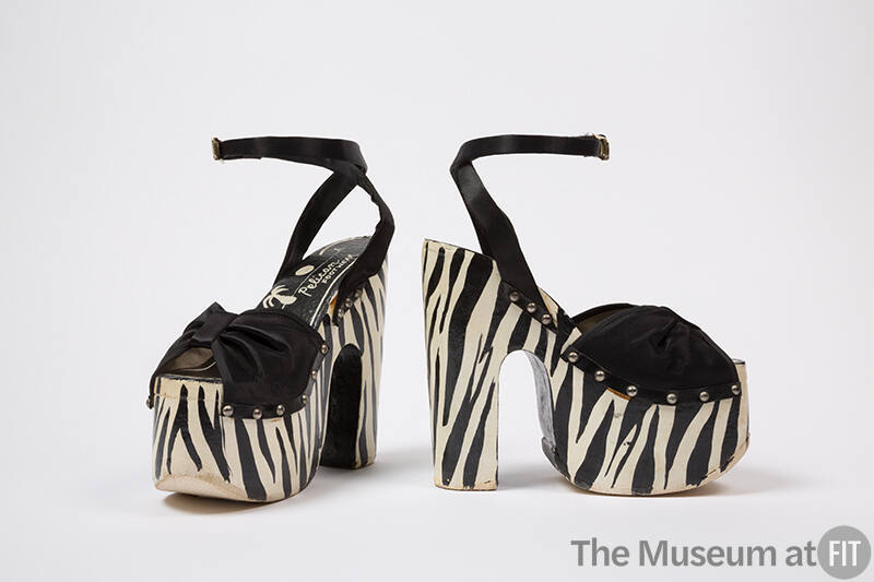 Black  satin ankle strap open toe sandals with hand painted black and white zebra striped high …