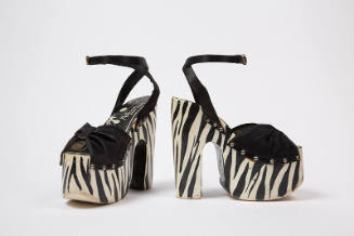 Black  satin ankle strap open toe sandals with hand painted black and white zebra striped high …