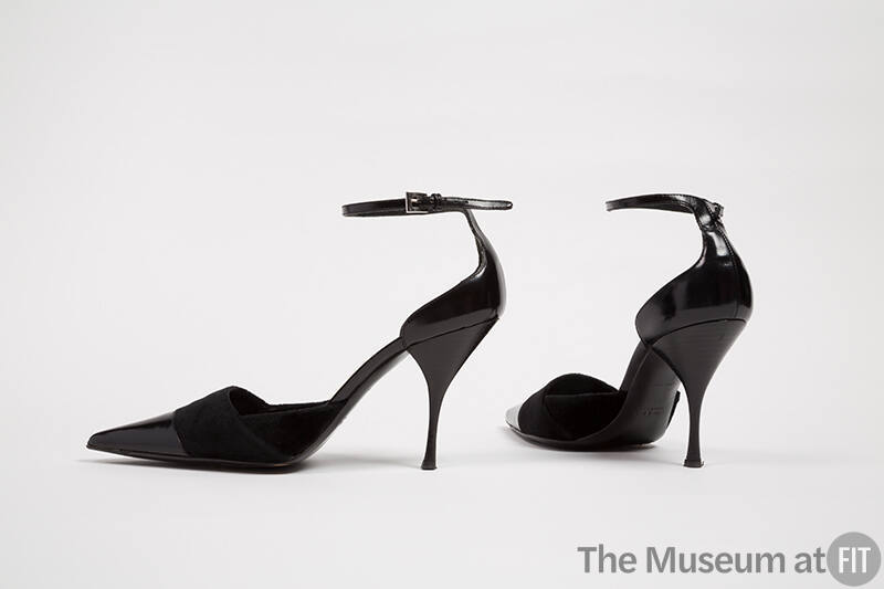 Black velvet high heel ankle strap shoes with leather toe cap and stacked stiletto heel