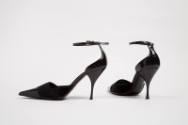 Black velvet high heel ankle strap shoes with leather toe cap and stacked stiletto heel