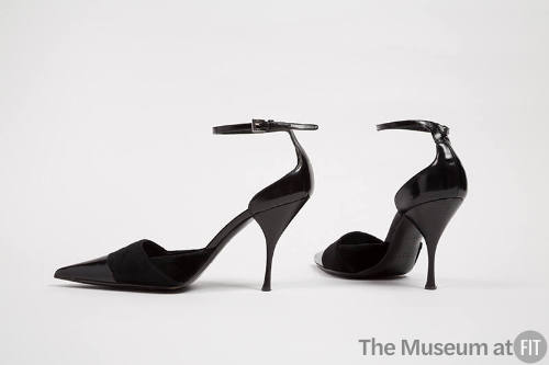 Black velvet high heel ankle strap shoes with leather toe cap and stacked stiletto heel