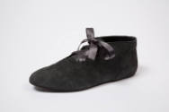 Grey suede flat ankle boot with grey satin ribbon ties