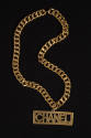 gold plated thick metal chain link Chanel logo plate necklace