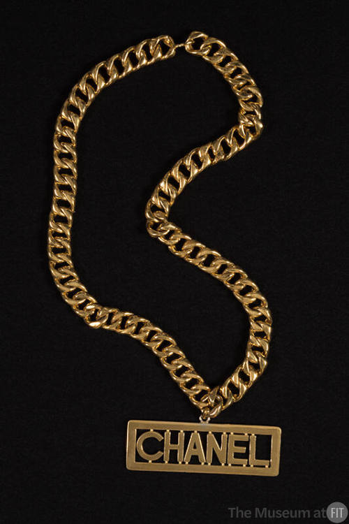 gold plated thick metal chain link Chanel logo plate necklace