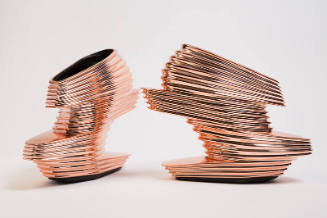 Rose gold multi-level platform ankle boot style shoe with horizontal ribbed mirrored surface te…