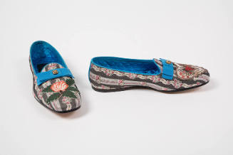 Flat shoes with black, grey with rose ribbon pattern, blue ribbon front bow, blue quilted linin…
