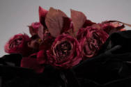 Detail view of black wide brimmed hat showing dark red silk and velvet roses and leaves on crow…