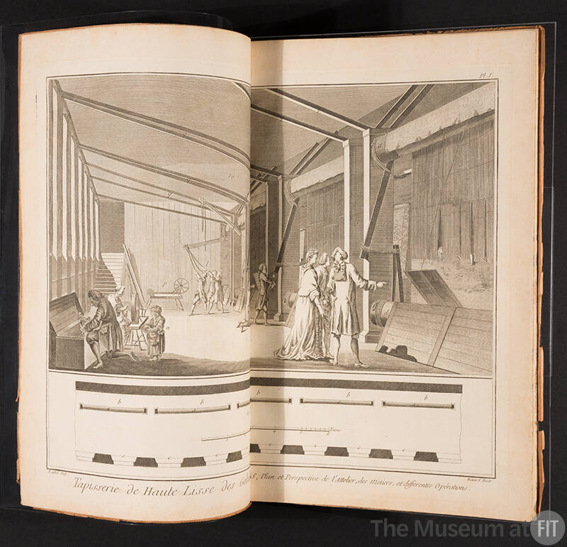 A book open to a two page black and white illustration of textile manufacturing with craftsmen …