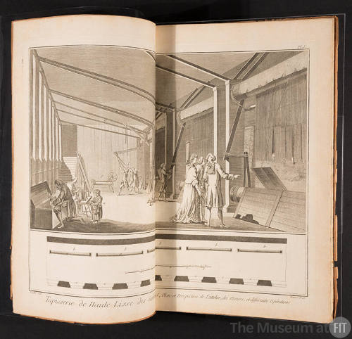 A book open to a two page black and white illustration of textile manufacturing with craftsmen …