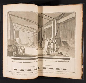 A book open to a two page black and white illustration of textile manufacturing with craftsmen …