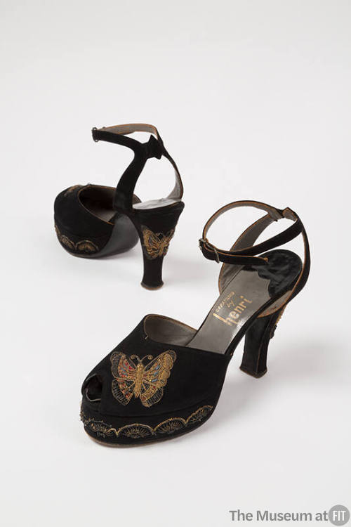 Black sued ankle strap open toe platform sandals with gold embroidered butterflies