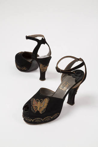 Black sued ankle strap open toe platform sandals with gold embroidered butterflies