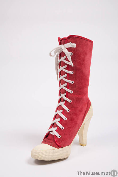 Red suede calf height lace up sneaker boots, white rubber high heel 