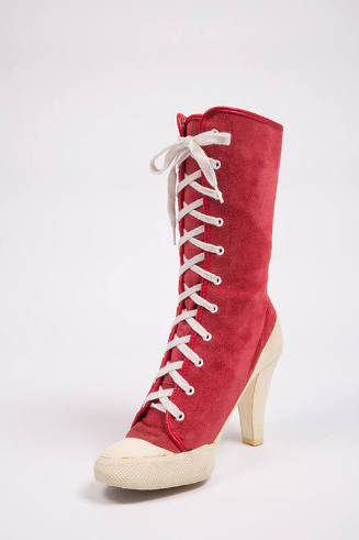 Red suede calf height lace up sneaker boots, white rubber high heel 