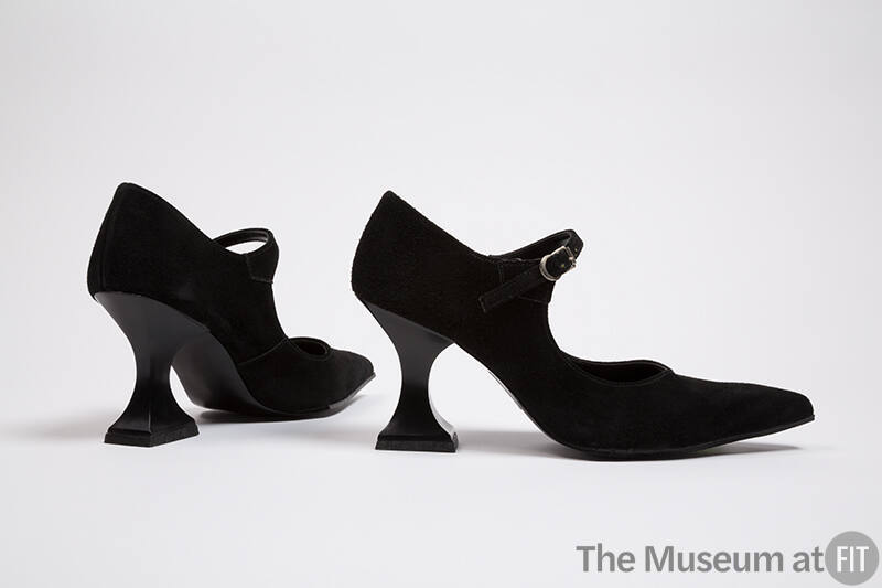 Black suede high heel shoes with instep buckle strap, pointed toes