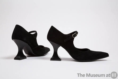 Black suede high heel shoes with instep buckle strap, pointed toes