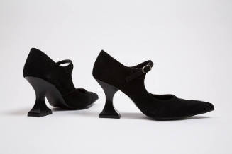 Black suede high heel shoes with instep buckle strap, pointed toes