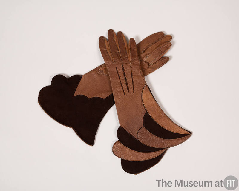 Two tone brown leather and suede gauntlet gloves