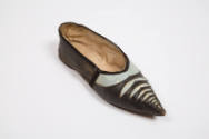 Black leather flat shoe with blue leather cut outs, pointed toe