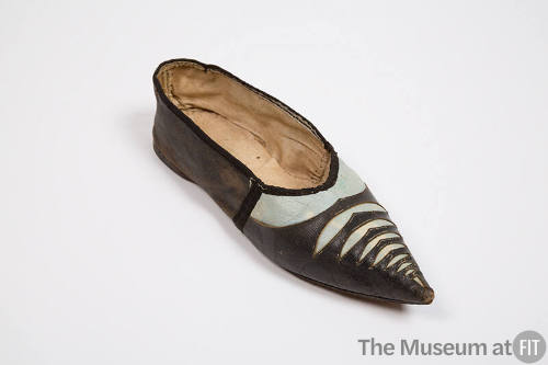 Black leather flat shoe with blue leather cut outs, pointed toe