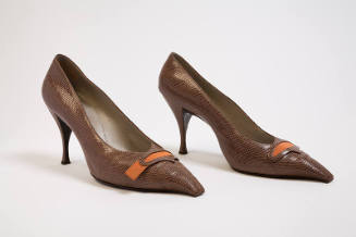 Taupe lizard pumps with elongated narrow square toe, high stiletto heel, and orange band