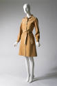 Beige Ultrasuede coat style A-line shirt dress, self tie at waist