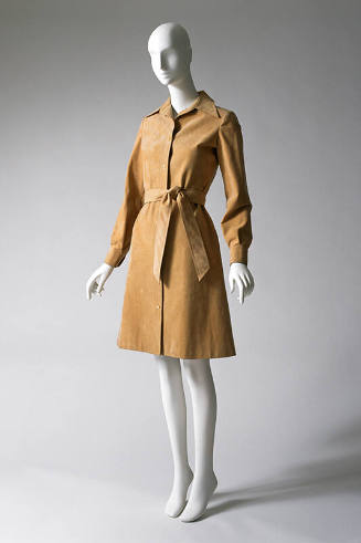 Beige Ultrasuede coat style A-line shirt dress, self tie at waist