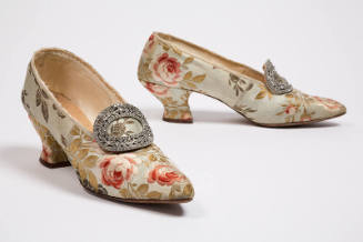 Pale blue pumps brocaded with pink and green roses with large oval rhinestone buckle