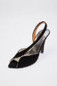 Black open toe slingback pump with silver metallic piping and asymmetric vamp strap
