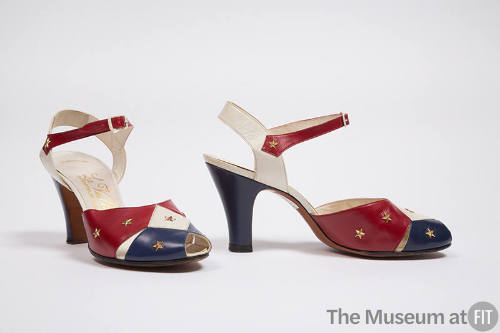 Red, white and blue ankle strap high heel shoes with gold stars 