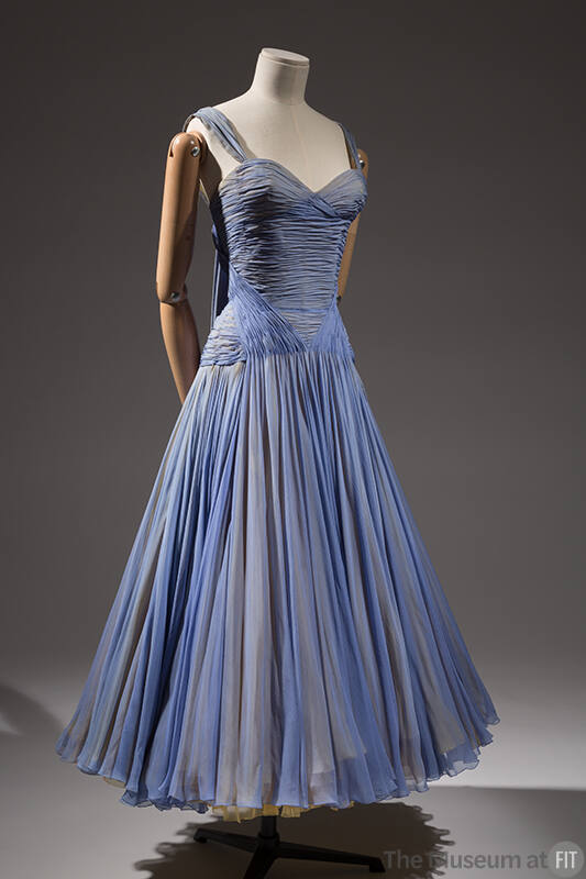 light purple evening sleeveless dress with shoulder straps and pleated full skirt
