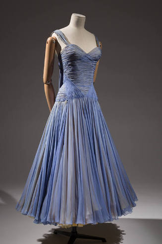 light purple evening sleeveless dress with shoulder straps and pleated full skirt
