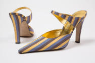 Pair of yellow, brown and violet striped mules with elongated pointed toe, instep strap, high s…