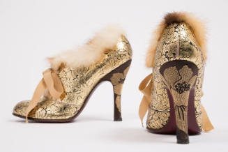 Gold metallic high heel oxfords, with classic floral design, blonde and brown fur tim, beige ri…