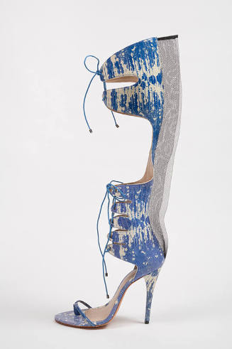 Blue and white reptile pattern gladiator style high heel boot with sandal style shoe, lace up c…