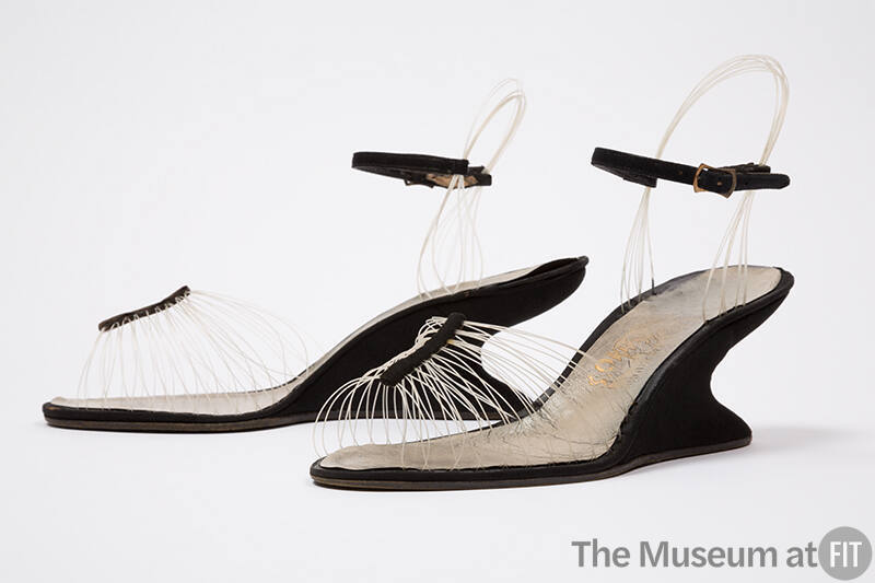 black heels and ankle straps with transparent fishing line strands for illusion of invisible sa…