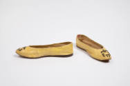 Alternate view of yellow flat leather slippers with gold gilt leaf embroidery and metal sequins…