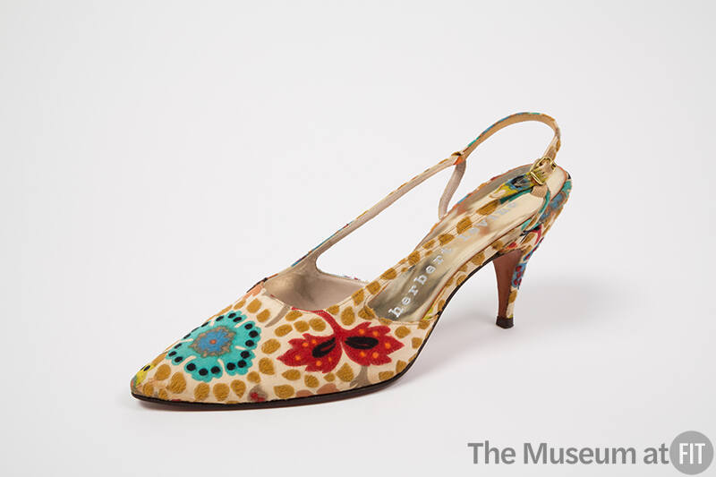Beige velvet high heel sling back sandal with floral print in blue and red with yellow dots and…